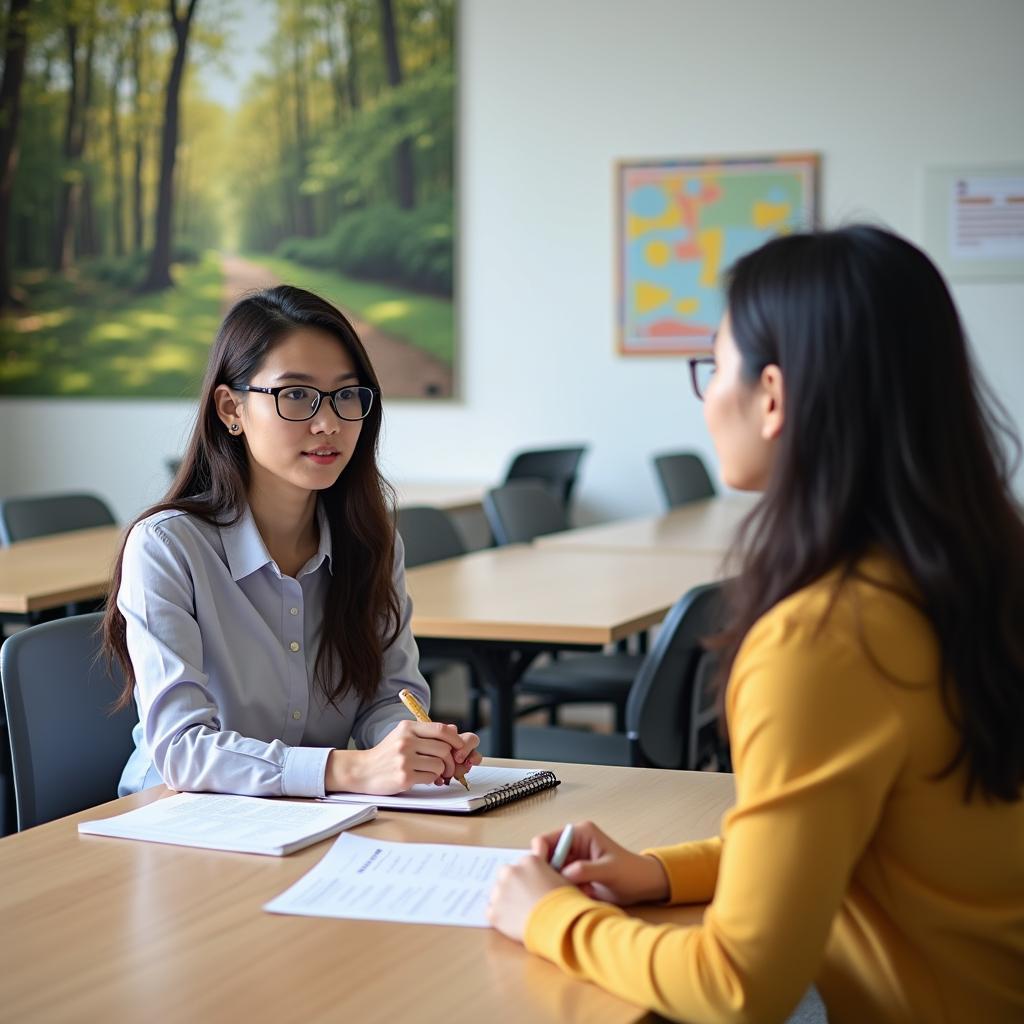 Học viên đang thực hành IELTS Speaking Part 2 về chủ đề địa điểm thư giãn với giáo viên