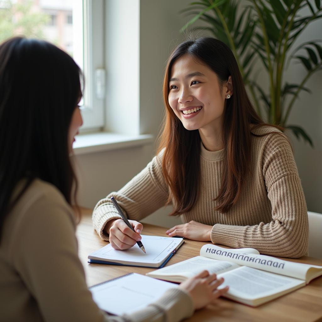 Học viên đang luyện tập IELTS Speaking về chủ đề món ăn truyền thống Việt Nam với giáo viên