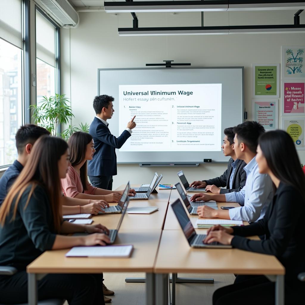 Học viên đang luyện tập IELTS Writing Task 2 chủ đề lương tối thiểu toàn cầu với giảng viên