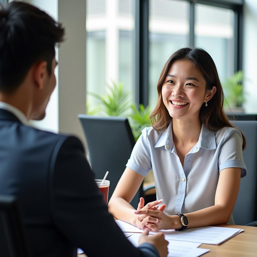 Học viên IELTS tự tin thảo luận Part 3 với examiner trong phòng thi với biểu đạt chuyên nghiệp và thoải mái