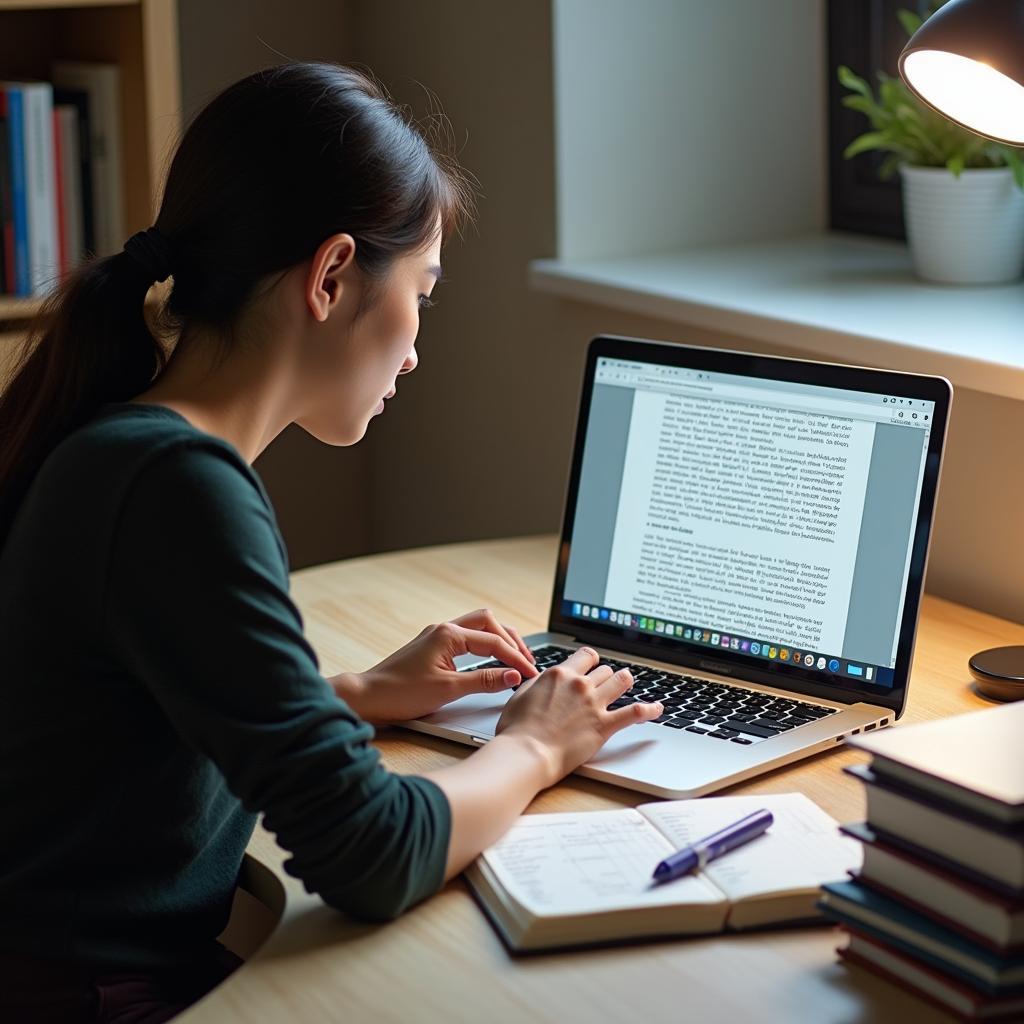 Học viên IELTS luyện tập đọc hiểu với đề thi chủ đề AI và tác động việc làm trên laptop