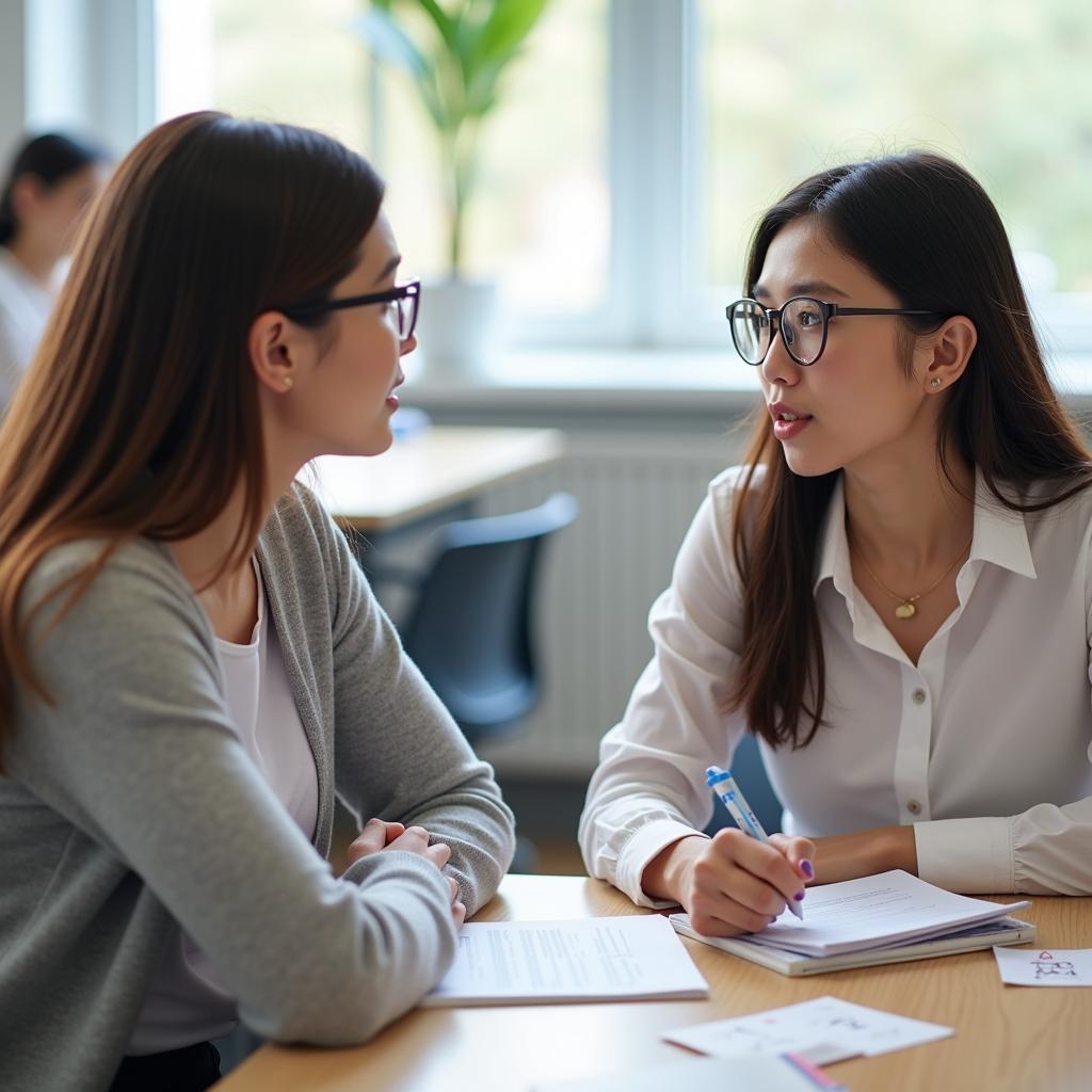 Học viên đang luyện tập IELTS Speaking chủ đề giúp đỡ người khác với giáo viên