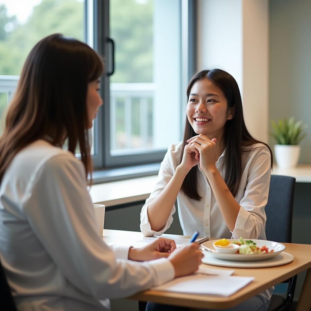 Học viên Việt Nam đang luyện tập IELTS Speaking Part 1 với giám khảo về chủ đề ẩm thực quốc tế