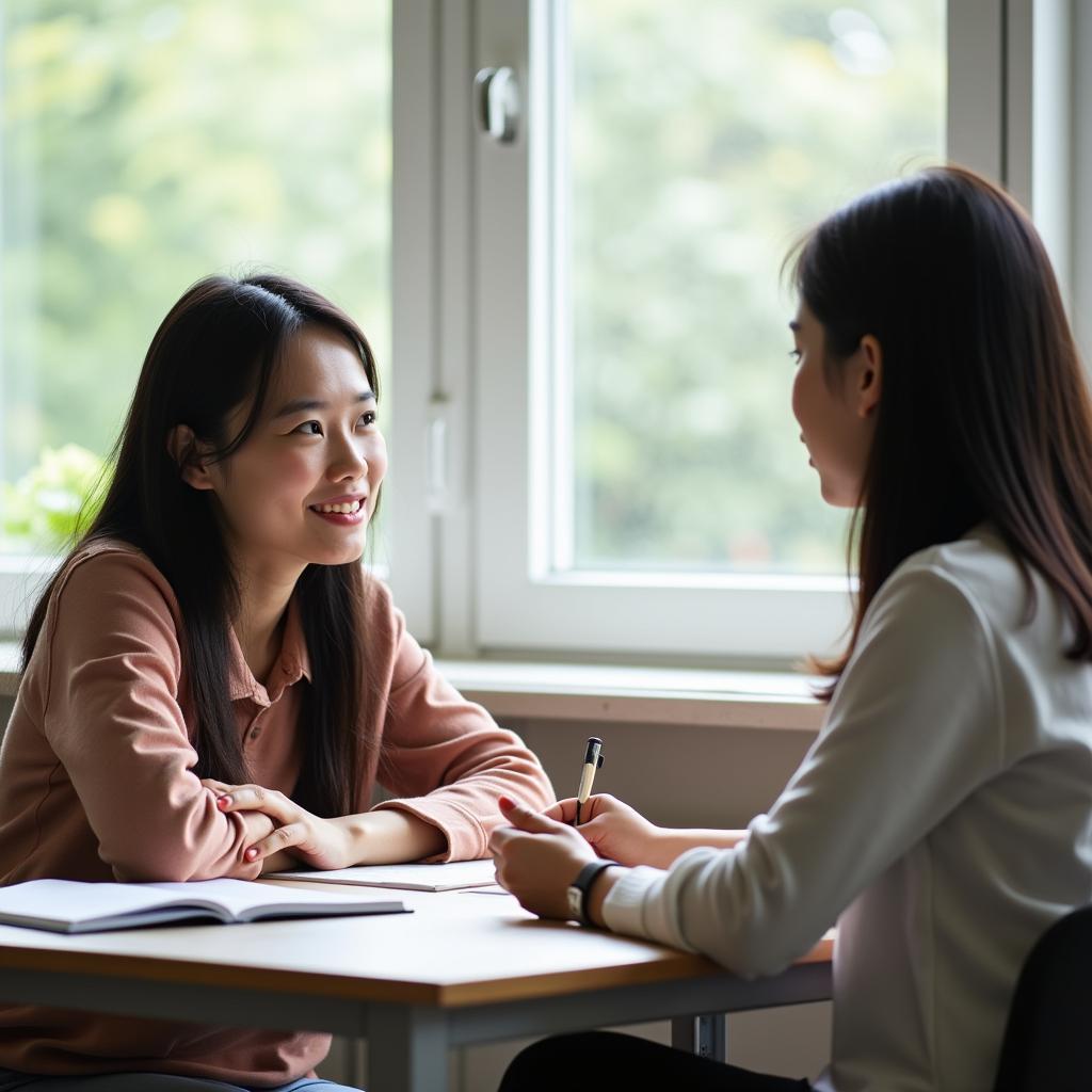 Học viên đang luyện tập trả lời câu hỏi IELTS Speaking Part 1 về chủ đề giúp đỡ người khác với giáo viên