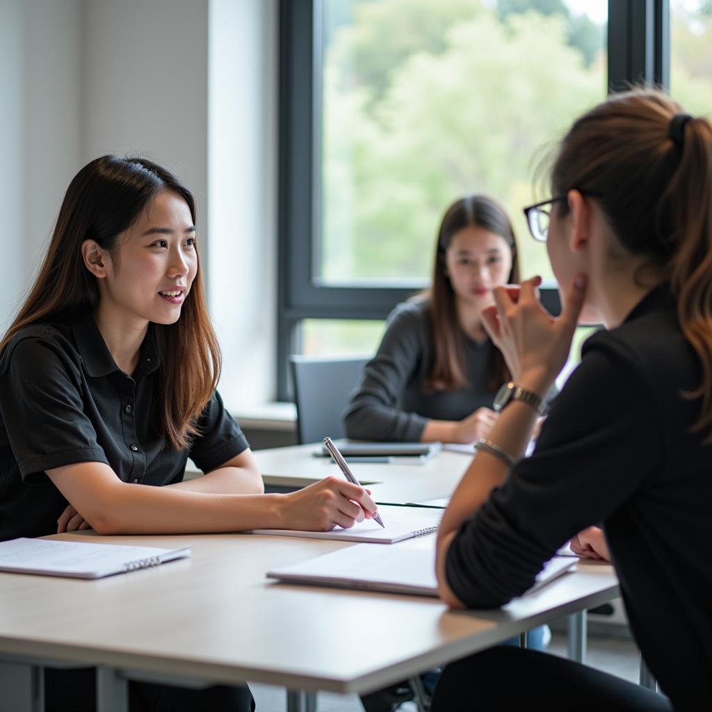 Học viên đang luyện tập trả lời câu hỏi IELTS Speaking Part 1 về chủ đề thể thao mạo hiểm với giáo viên