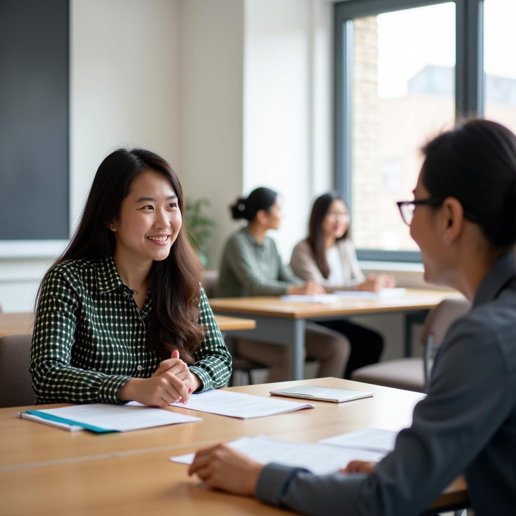 Học viên Việt Nam đang luyện tập trả lời câu hỏi IELTS Speaking Part 1 về chủ đề du lịch với giáo viên