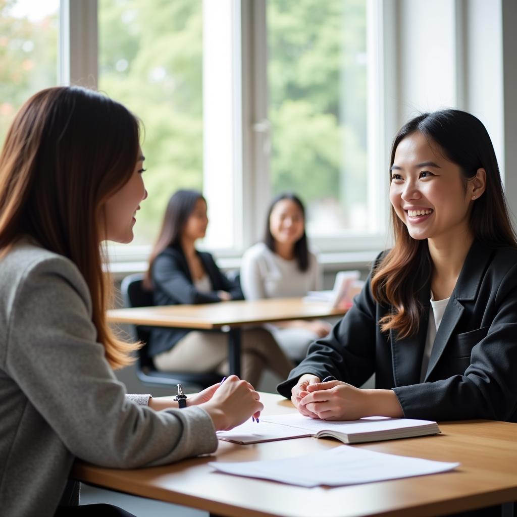 Học viên đang luyện tập trả lời câu hỏi IELTS Speaking Part 1 về chủ đề giúp đỡ người khác với giảng viên