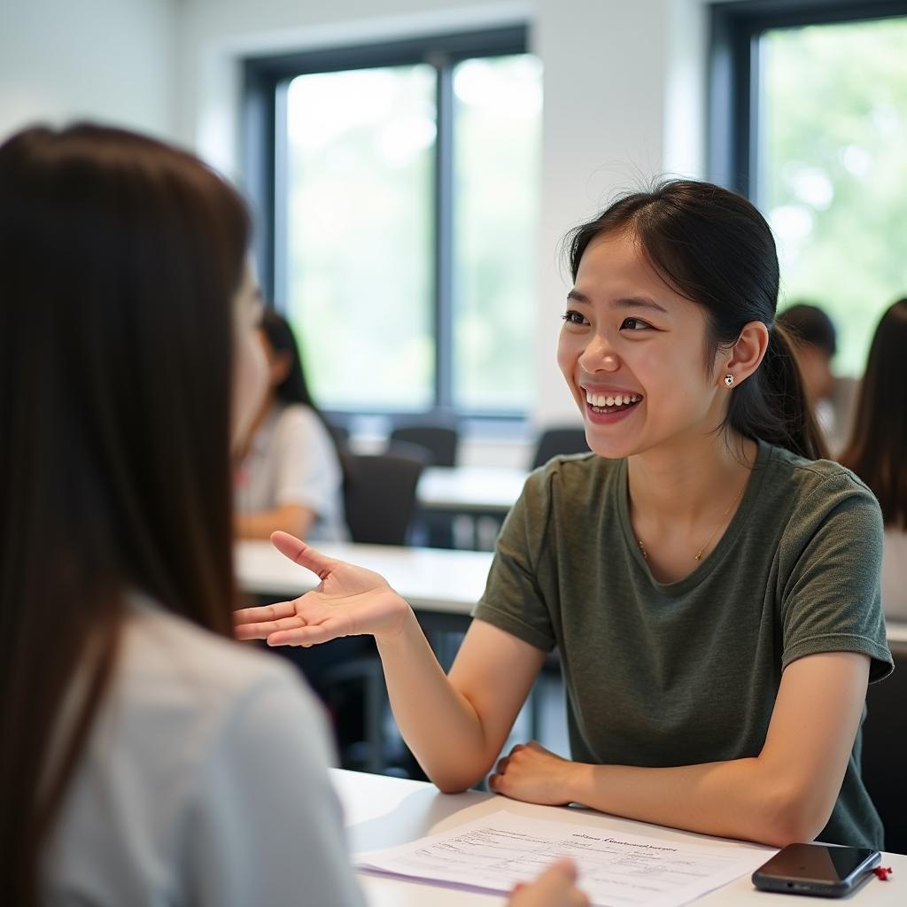 Học viên Việt Nam đang luyện tập IELTS Speaking Part 1 về chủ đề sự kiện mong đợi với giáo viên