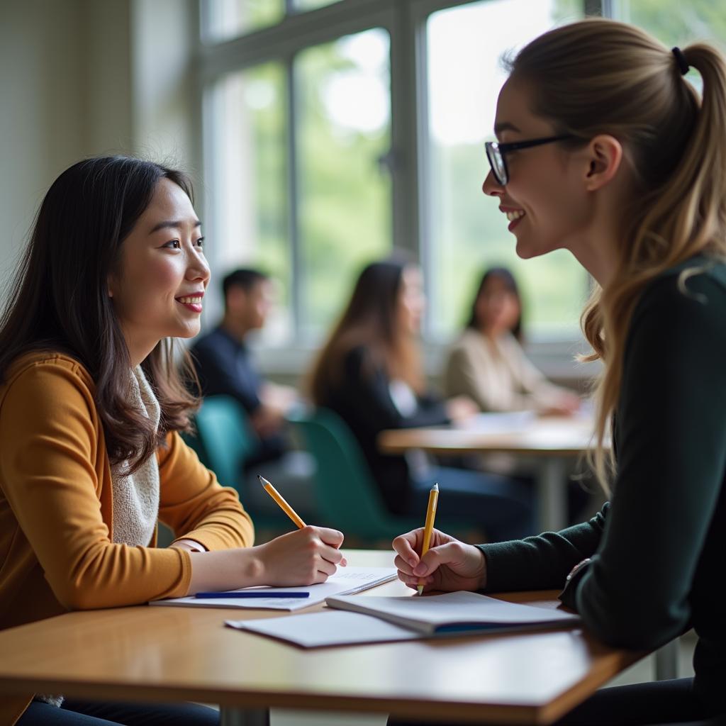 Học viên IELTS đang luyện tập trả lời câu hỏi Part 1 về chủ đề đưa ra quyết định khó khăn với giáo viên