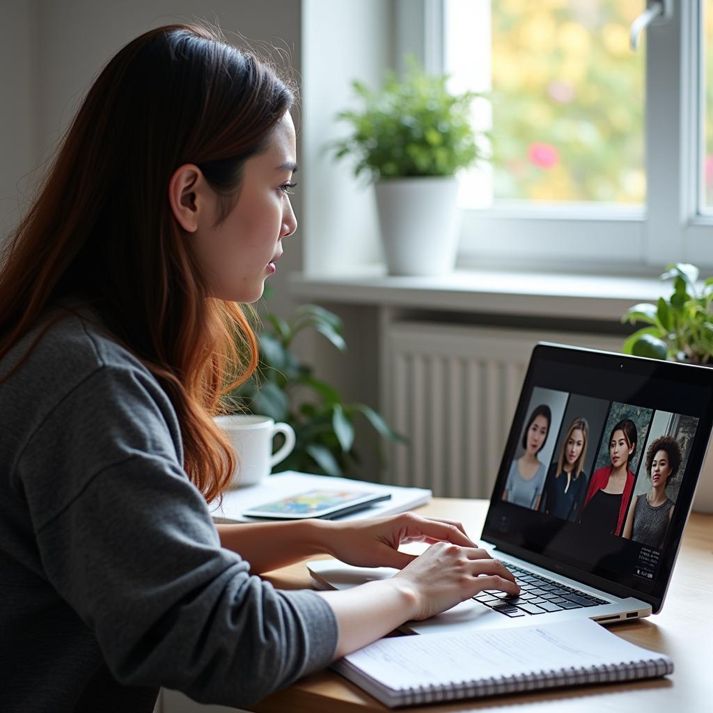 Học viên đang luyện tập IELTS Speaking Part 1 tại nhà với laptop và ghi chú từ vựng về chủ đề phim ảnh và diễn viên