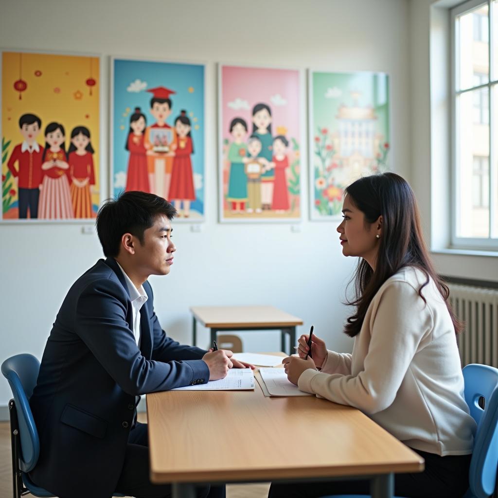 Học viên đang luyện tập IELTS Speaking về chủ đề nghi lễ truyền thống với giáo viên