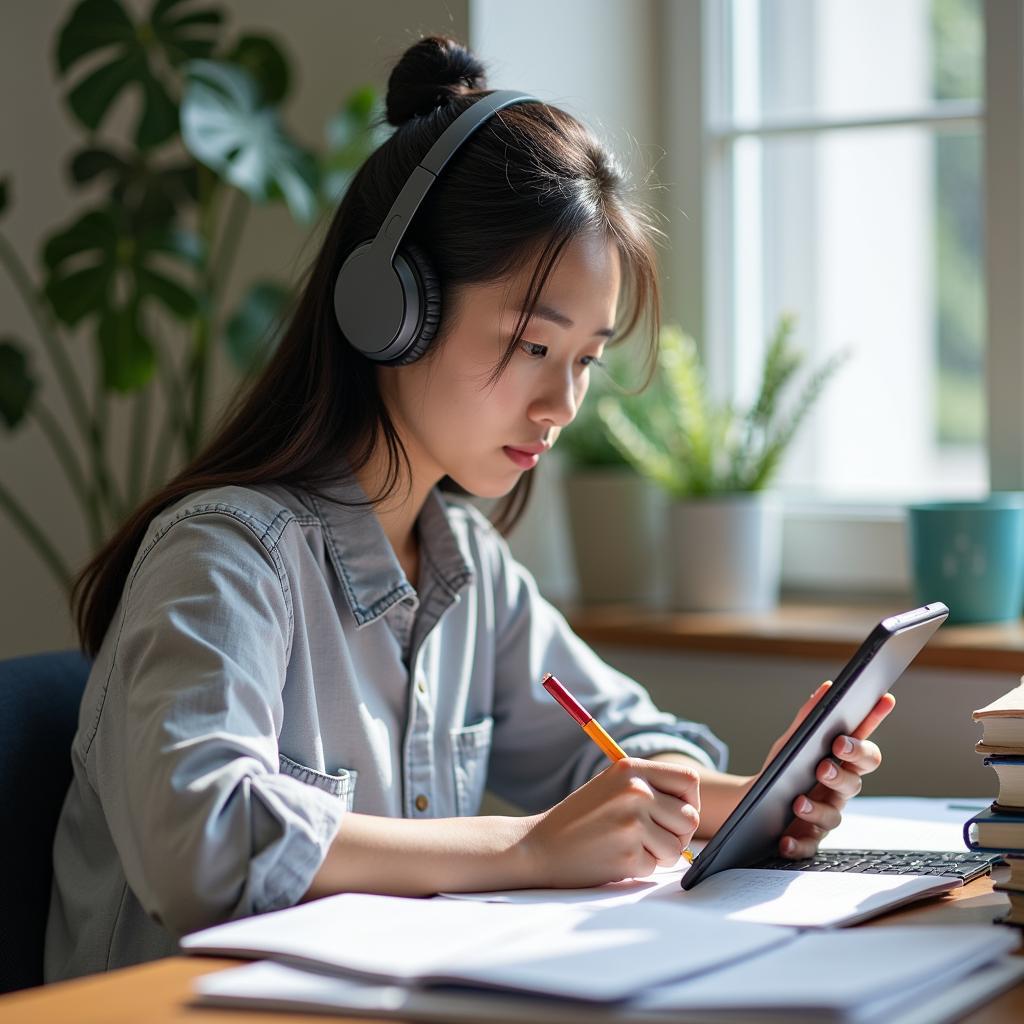 Học viên đang luyện tập bài thi IELTS Reading với tài liệu và máy tính