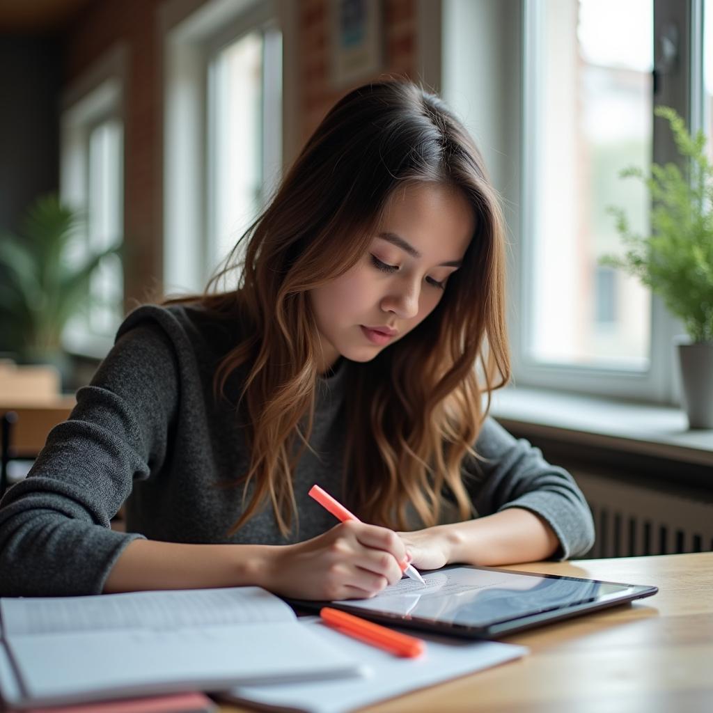 Học viên đang tập trung luyện tập bài thi IELTS Reading với tài liệu và máy tính bảng trong không gian học tập hiện đại