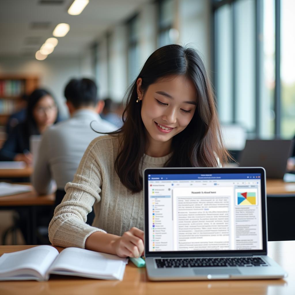 Học viên đang luyện tập IELTS Reading với chủ đề toàn cầu hóa và văn hóa tại thư viện hiện đại