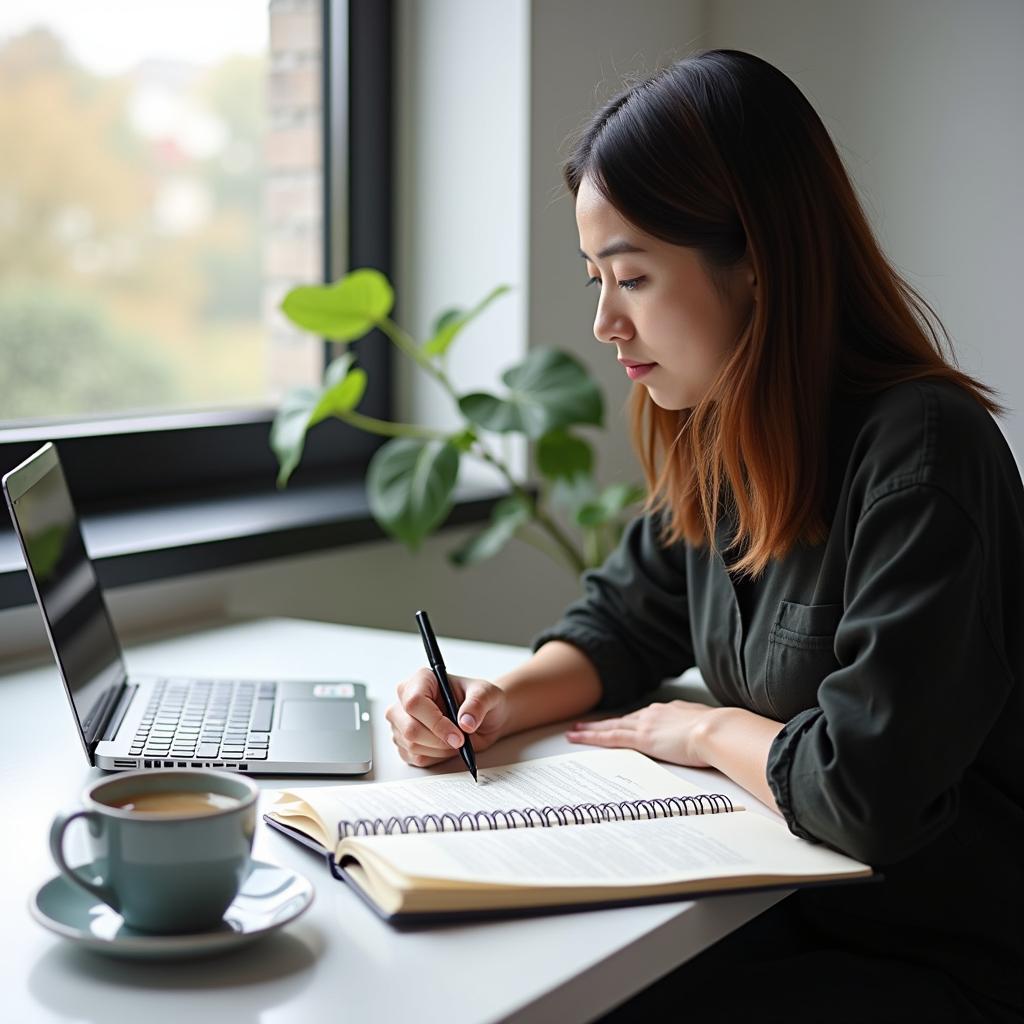 Học viên đang luyện tập đề thi IELTS Reading về công bằng khí hậu với tài liệu và máy tính