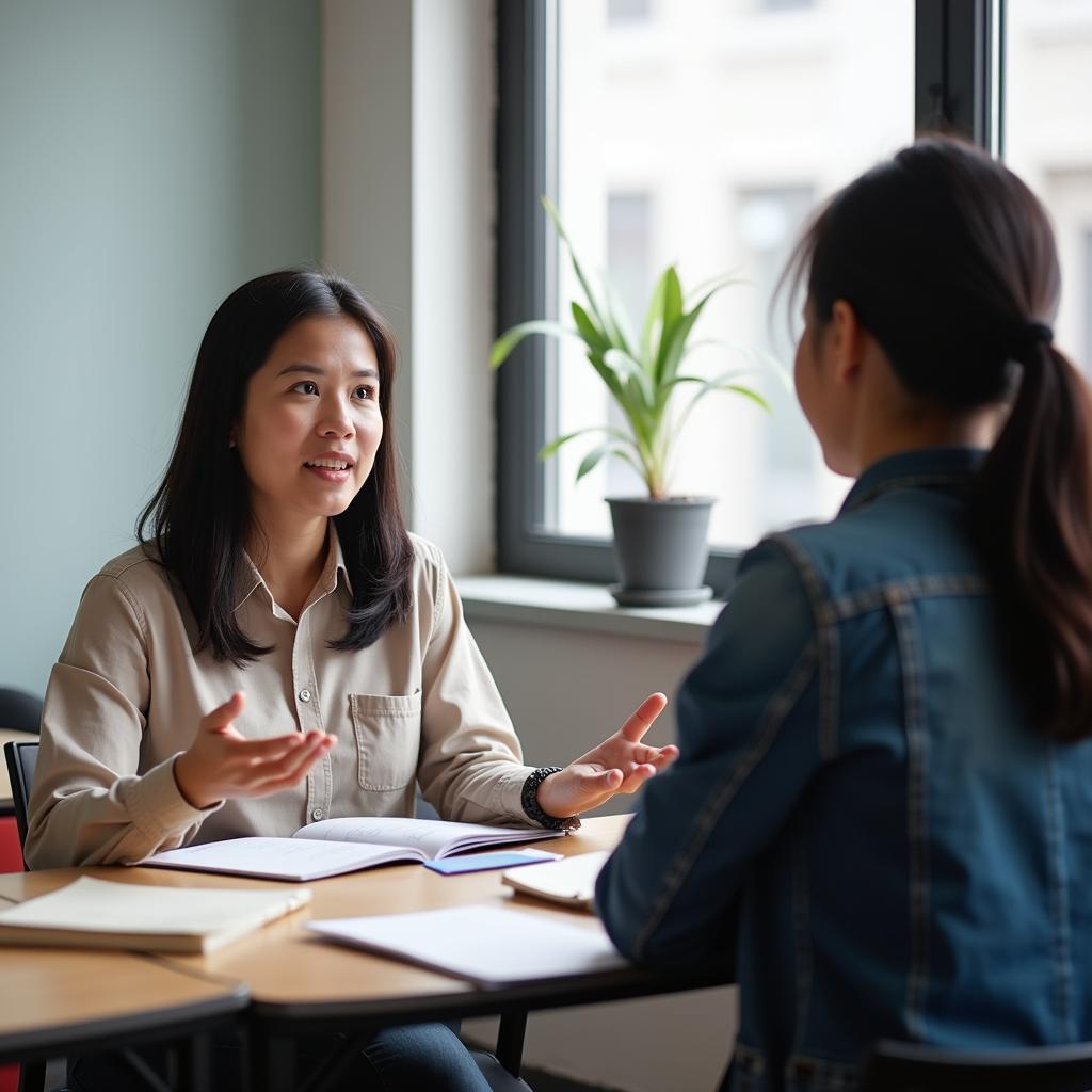 Học viên Việt Nam đang luyện tập IELTS Speaking với giáo viên trong không gian học tập hiện đại thể hiện sự chuẩn bị kỹ lưỡng cho kỳ thi