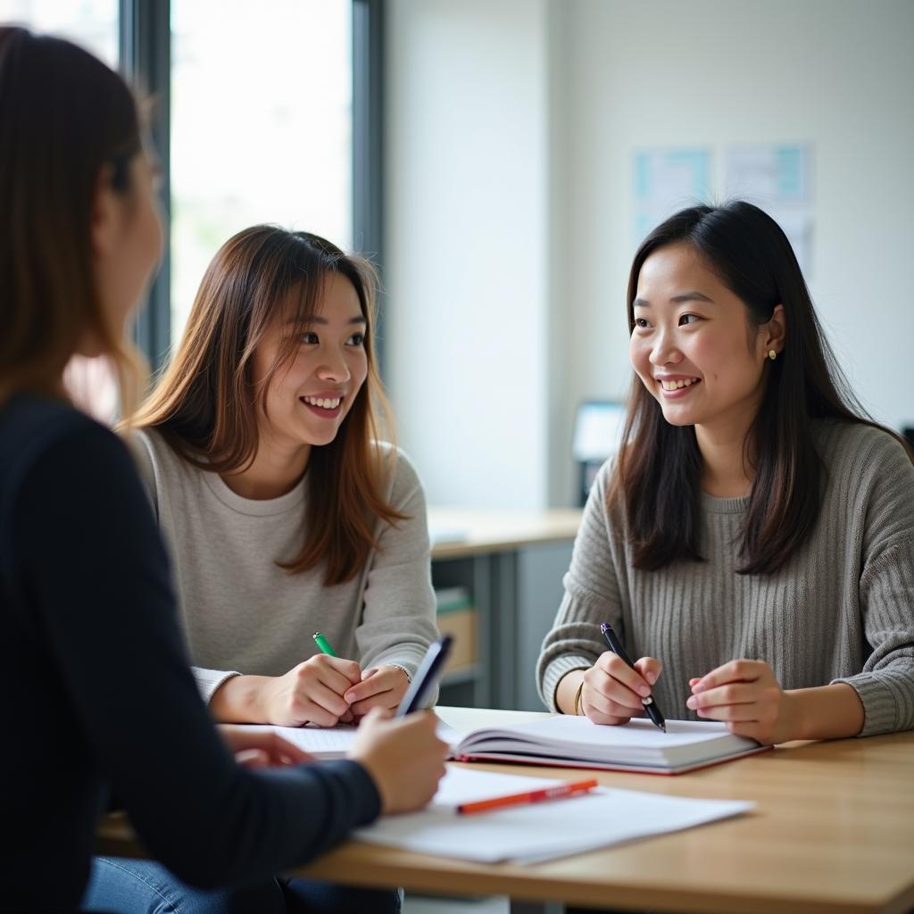 Học viên đang luyện tập IELTS Speaking Part 1 về chủ đề bất đồng với bạn bè cùng giáo viên