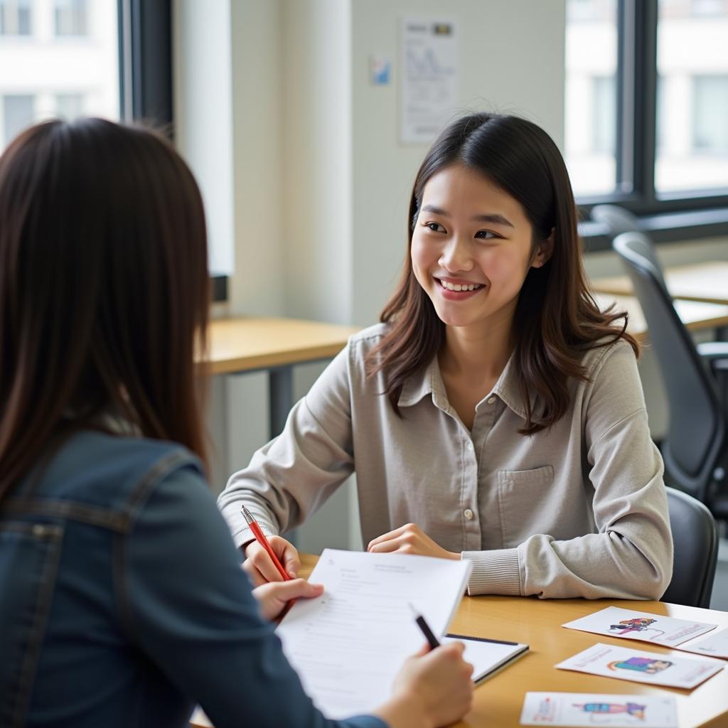 Học viên đang luyện tập IELTS Speaking chủ đề đồ chơi thời thơ ấu với giáo viên