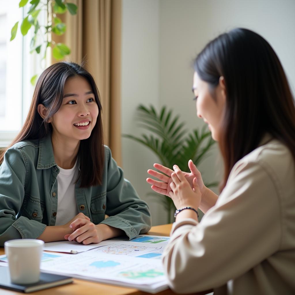 Học viên đang luyện tập trả lời câu hỏi IELTS Speaking Part 1 về chủ đề du lịch với giáo viên