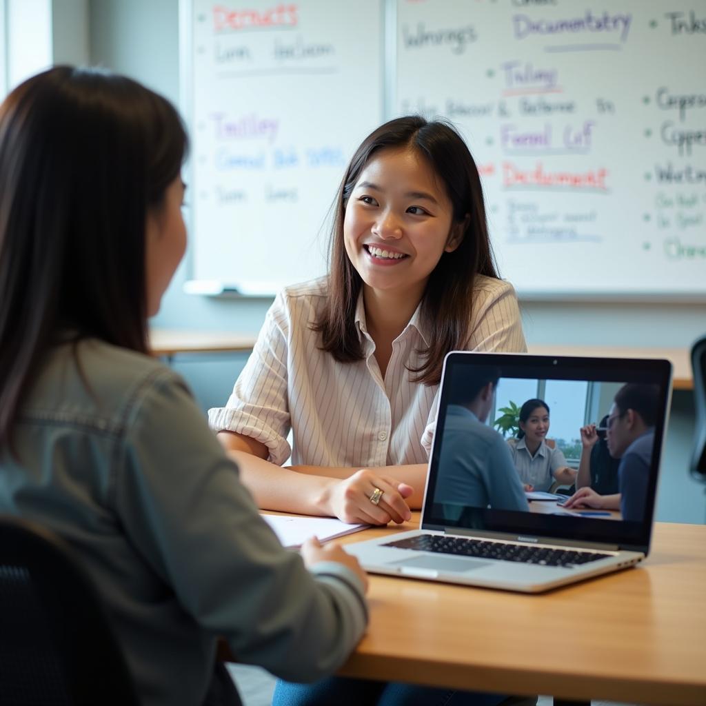 Học viên luyện thi IELTS Speaking chủ đề phim tài liệu với giảng viên tại trung tâm