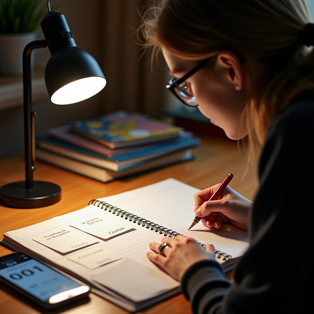 Học viên IELTS đang ghi chú chuẩn bị bài nói về sự kiện từ thiện với flashcard và tài liệu học tập