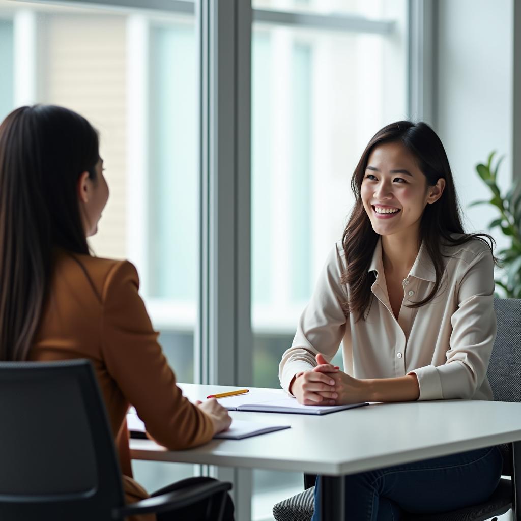 Học viên tự tin trả lời câu hỏi IELTS Speaking Part 1 về làm việc nhóm với giám khảo