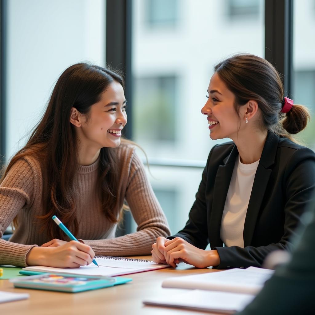 Học viên đang luyện tập trả lời câu hỏi IELTS Speaking Part 1 về sở thích sáng tạo với giáo viên