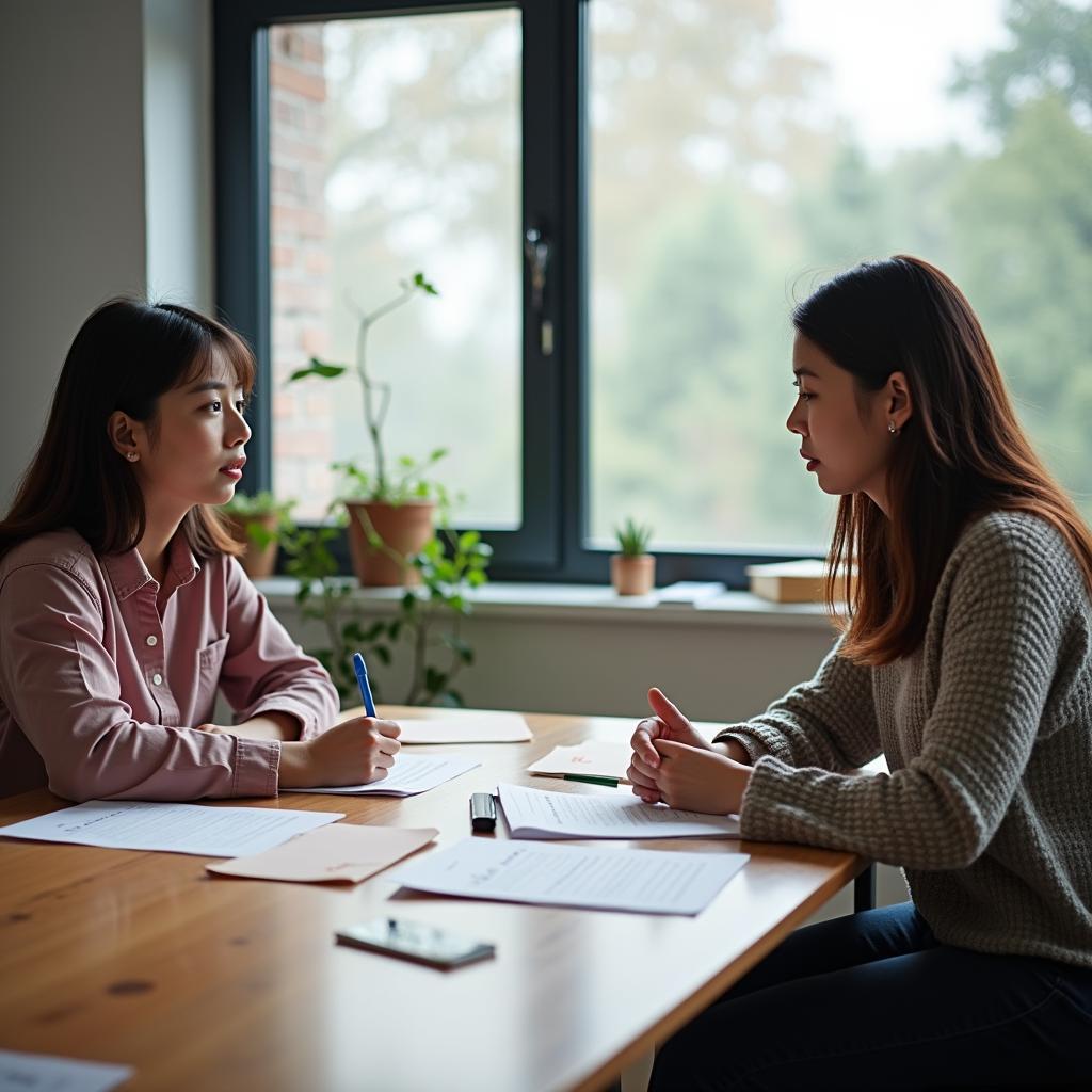 Học viên đang luyện tập IELTS Speaking Part 1 về chủ đề cảnh quan thiên nhiên với giáo viên