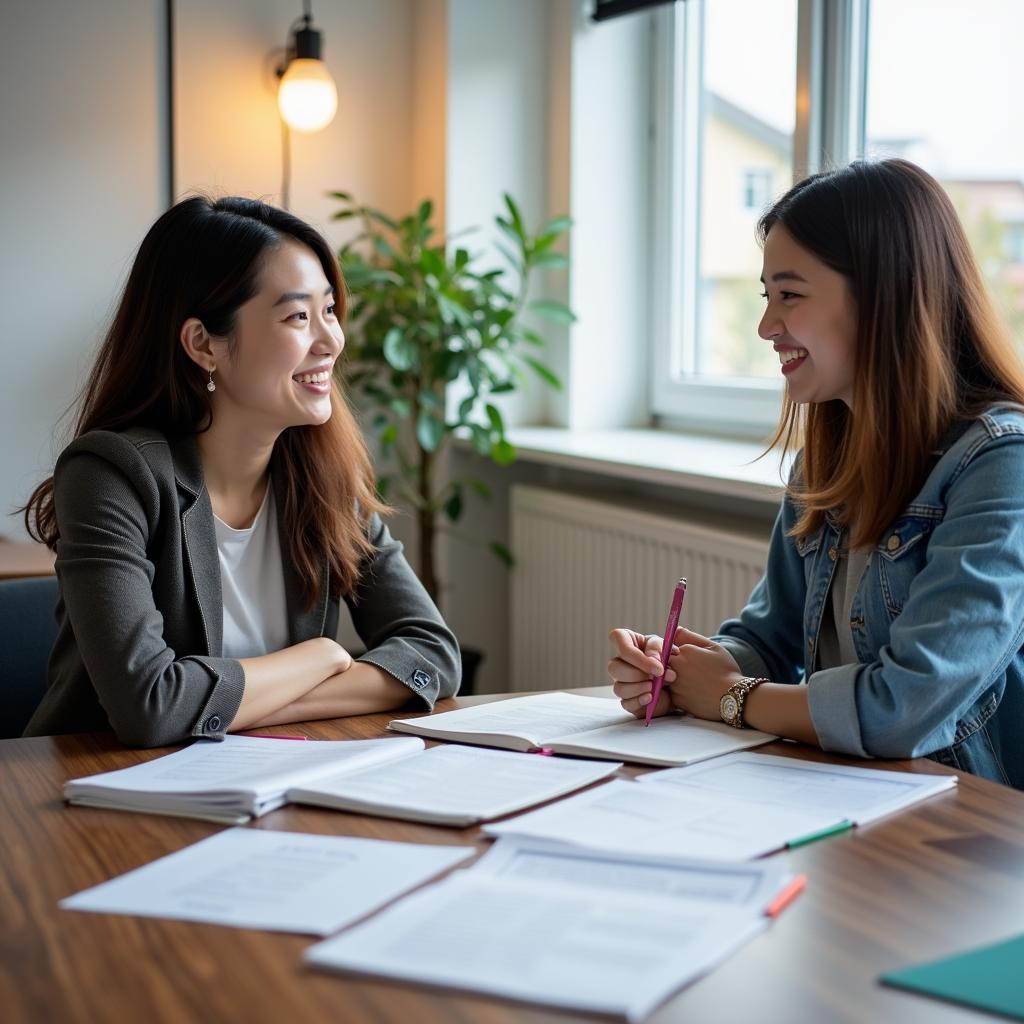 Học viên đang luyện tập IELTS Speaking Part 1 về chủ đề thử nghiệm điều mới với giáo viên