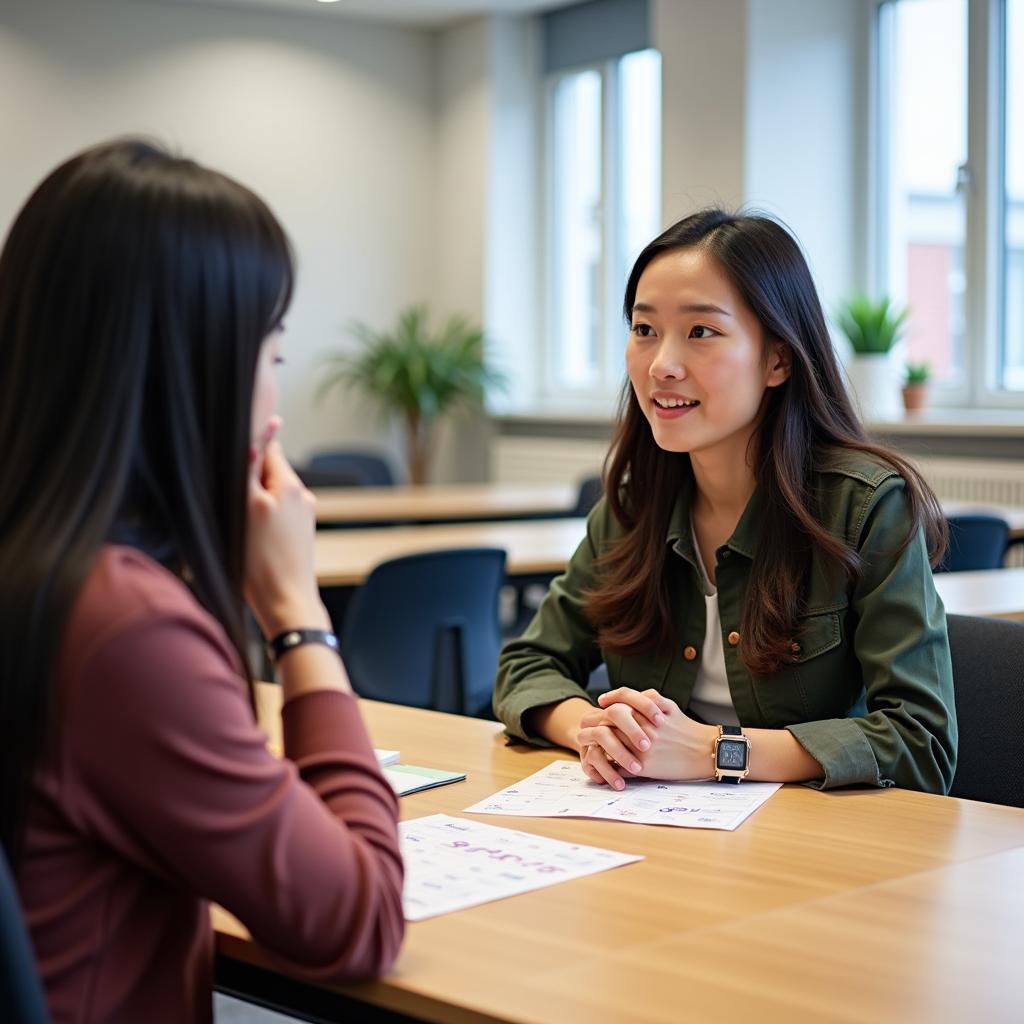 Học viên đang luyện tập trả lời câu hỏi IELTS Speaking Part 1 về chủ đề mua sắm với giáo viên