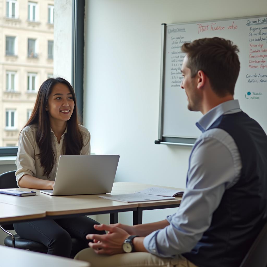 Học viên đang luyện tập IELTS Speaking Part 1 về chủ đề công việc với giáo viên trong lớp học chuyên nghiệp