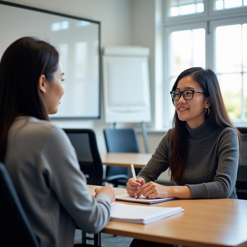 Học viên đang luyện tập IELTS Speaking Part 1 về chủ đề công nghệ với giáo viên