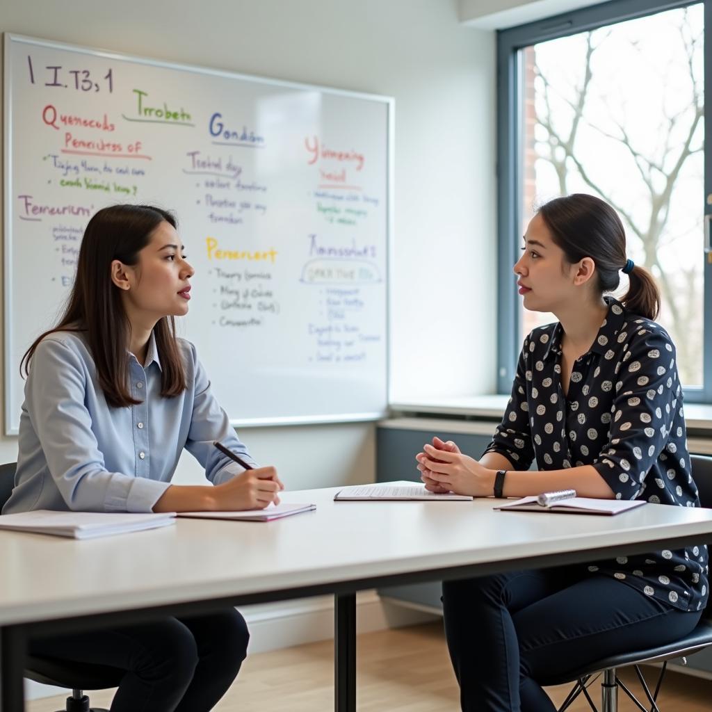 Học viên đang luyện tập IELTS Speaking Part 1 về chủ đề đưa ra quyết định khó khăn với giáo viên