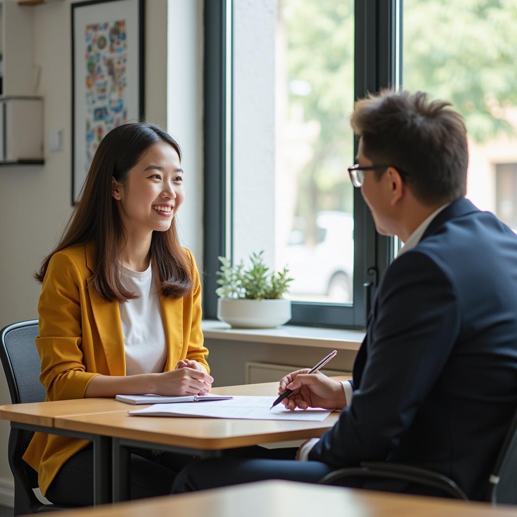 Học viên luyện tập IELTS Speaking Part 1 với giảng viên về chủ đề triển lãm nghệ thuật