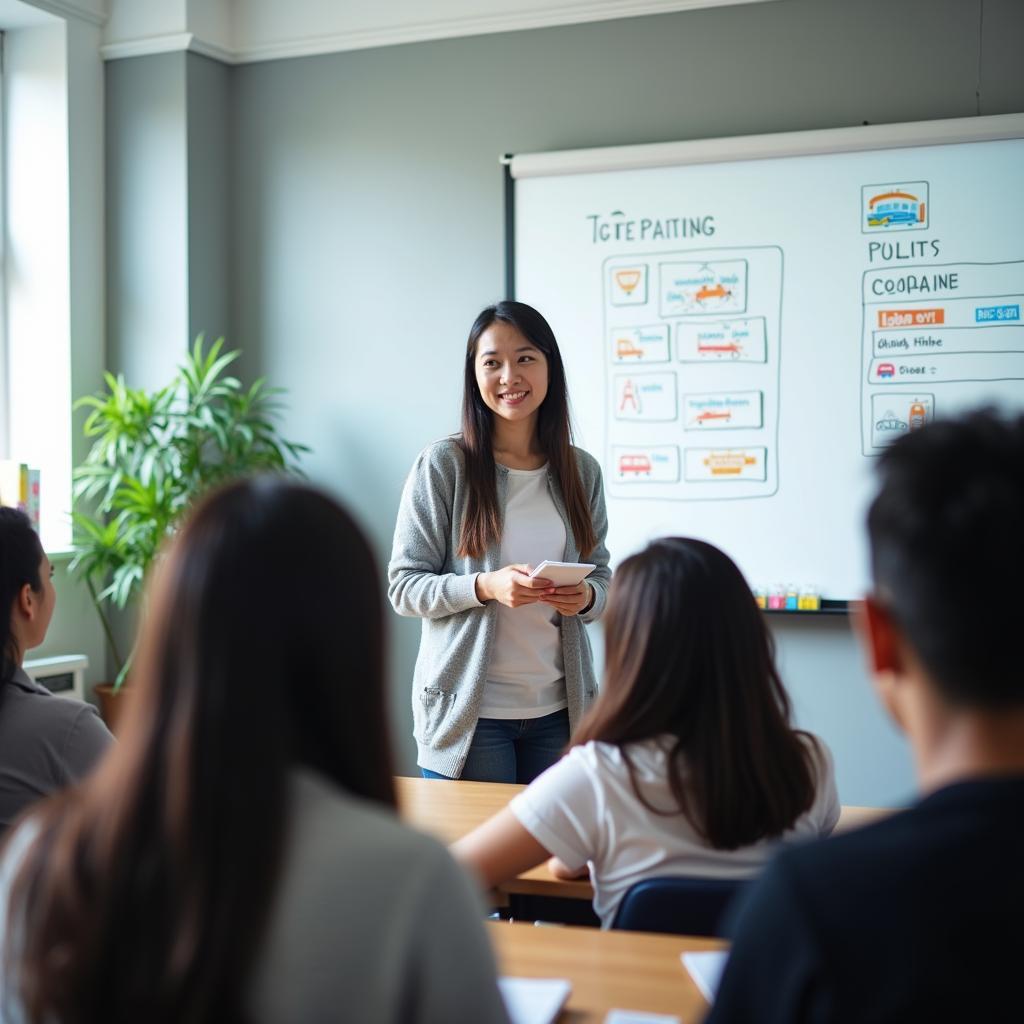 Học viên luyện tập IELTS Speaking về chủ đề giao thông công cộng trong lớp học