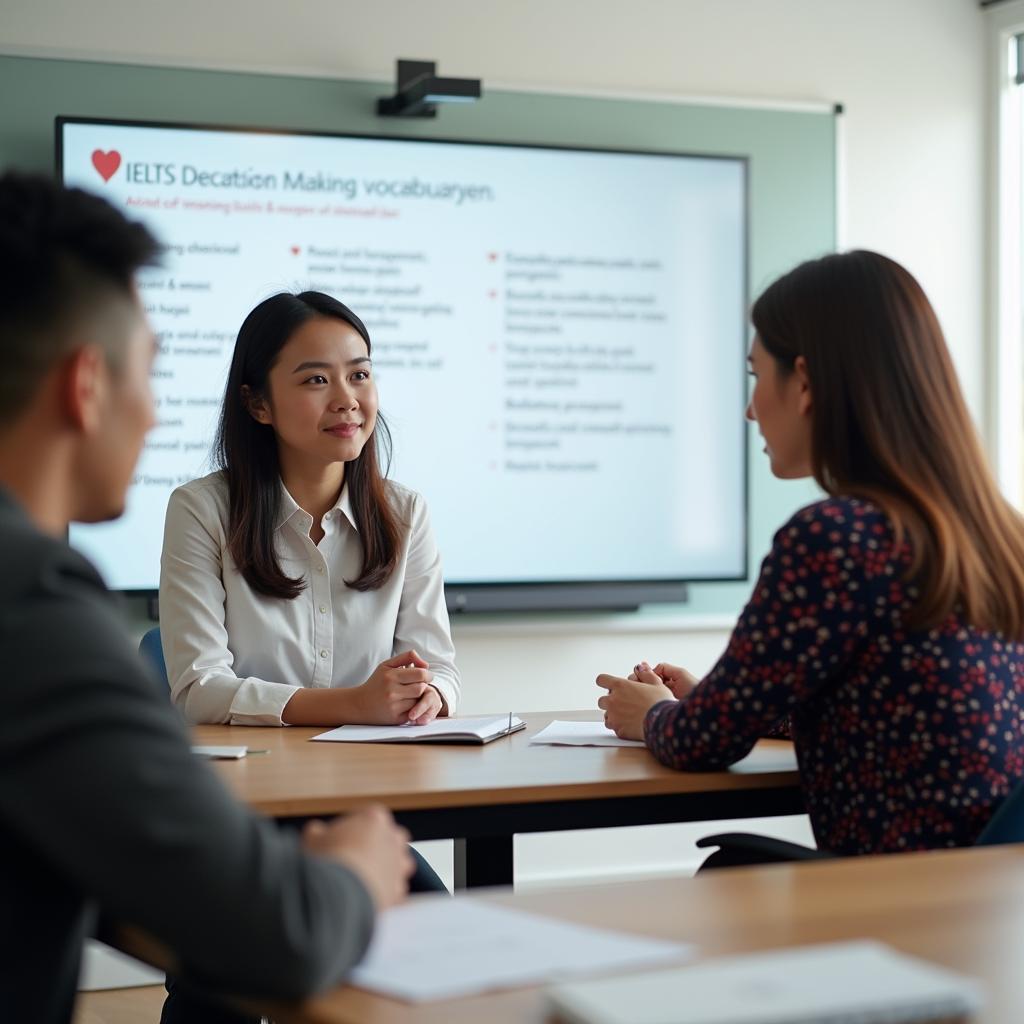 Học viên đang luyện tập IELTS Speaking về chủ đề quyết định quan trọng với giáo viên