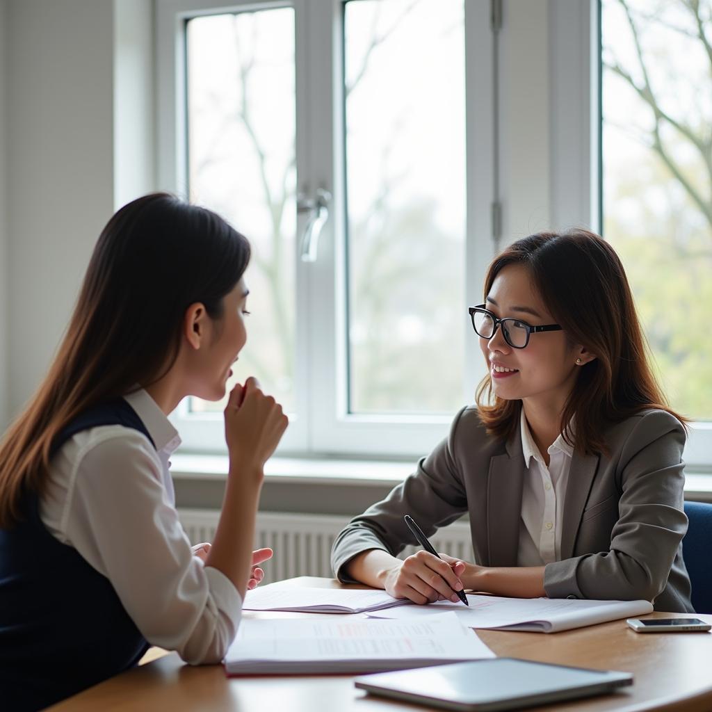 Học viên đang luyện tập IELTS Speaking về chủ đề thử thách công việc với giáo viên