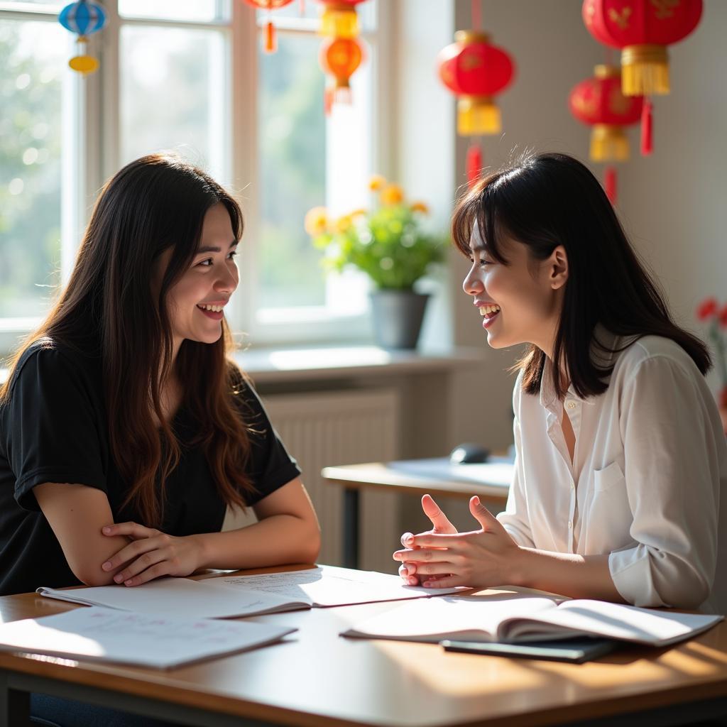 Học viên đang luyện tập IELTS Speaking về chủ đề lễ hội truyền thống với giáo viên