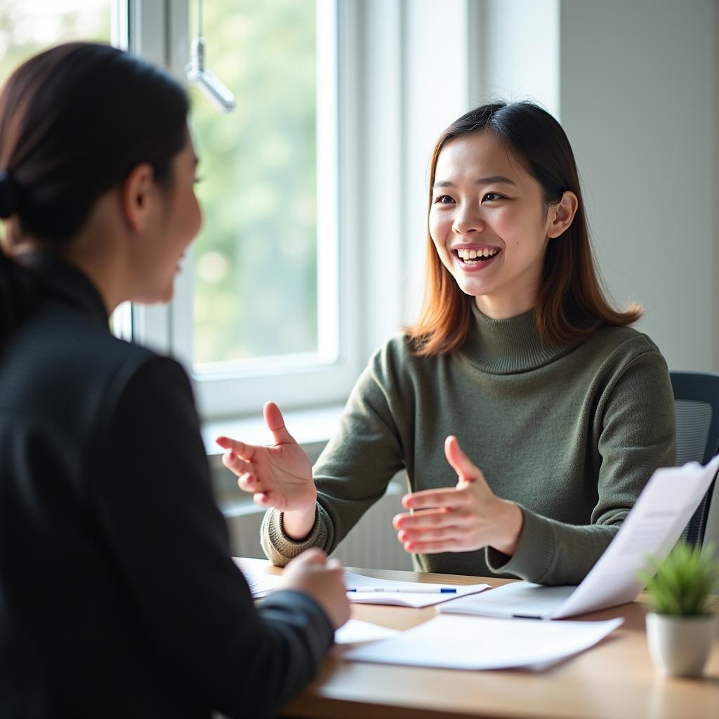 Học viên đang luyện tập IELTS Speaking về chủ đề món ăn yêu thích với examiner