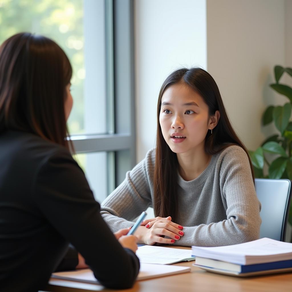 Học viên đang luyện tập IELTS Speaking Part 1 về chủ đề quyết định khó khăn với giáo viên