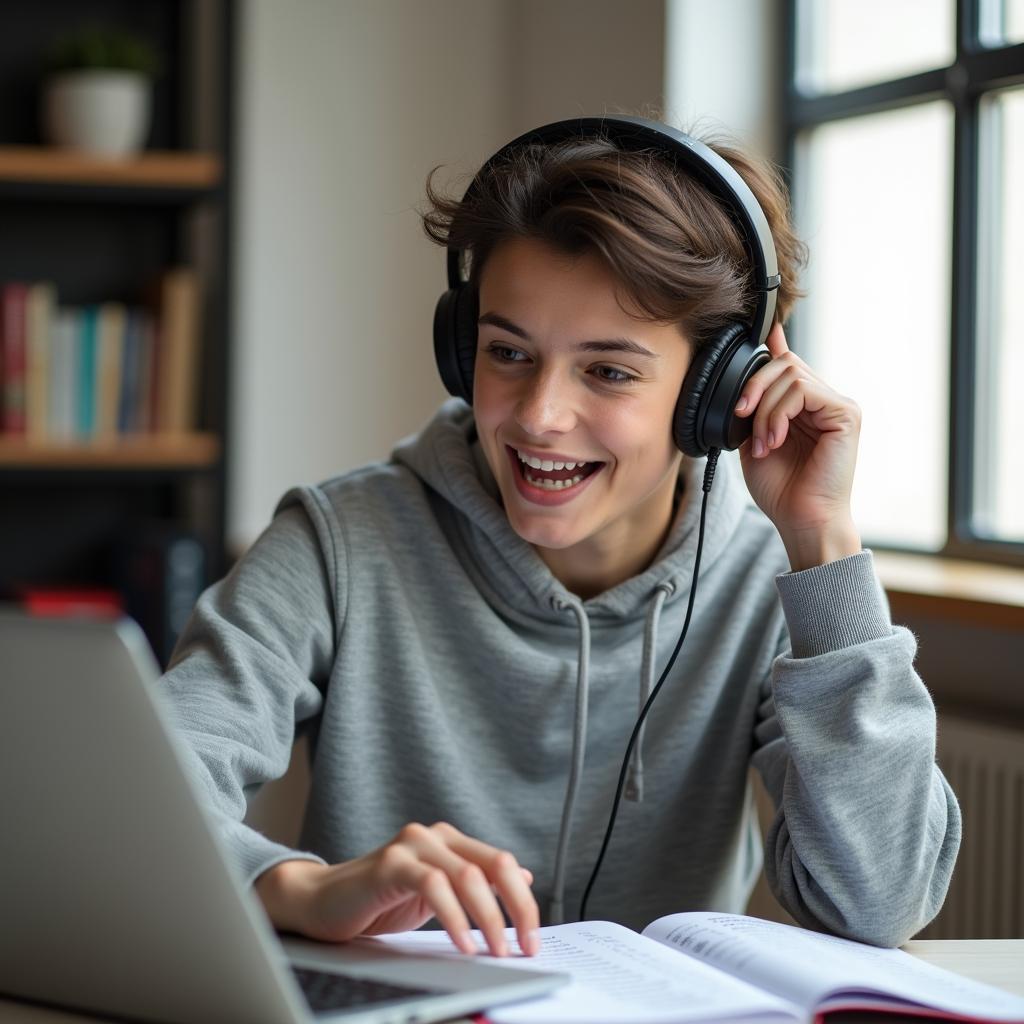 Học viên luyện thi IELTS Speaking với sự hỗ trợ của công nghệ và ứng dụng học tập