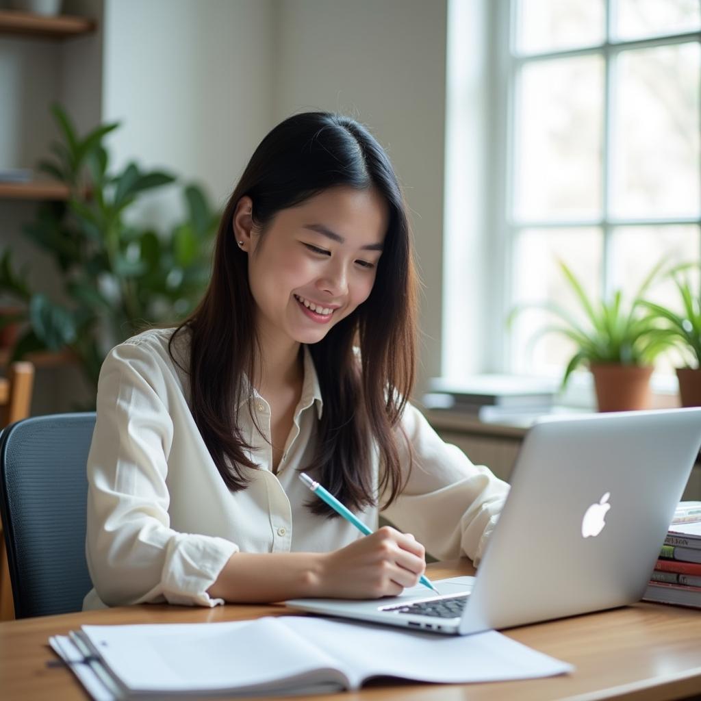 Học viên đang luyện thi IELTS Writing Task 2 về chủ đề kinh doanh bền vững và toàn cầu hóa