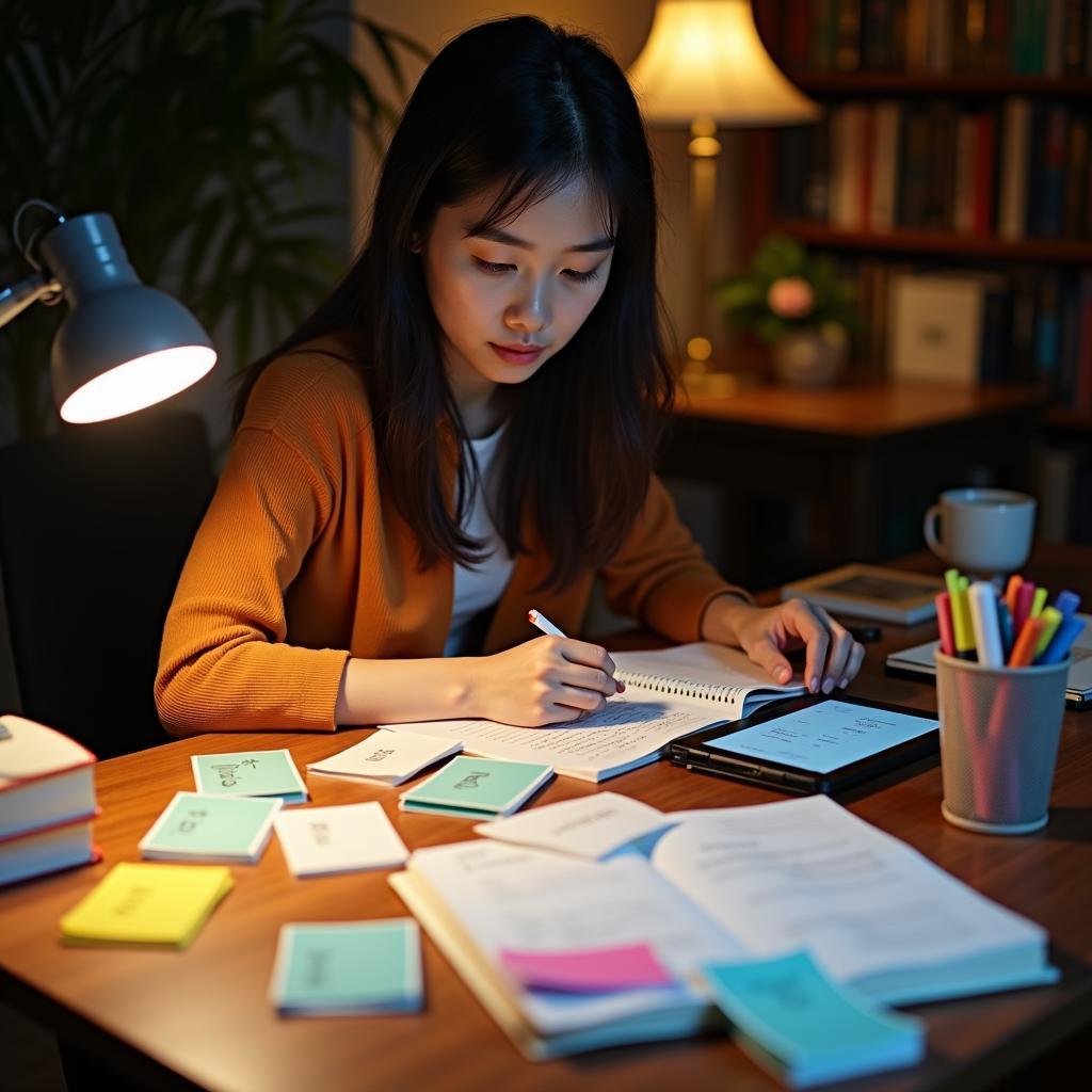 Học viên đang học từ vựng IELTS Reading với flashcard và sổ tay ghi chép chi tiết