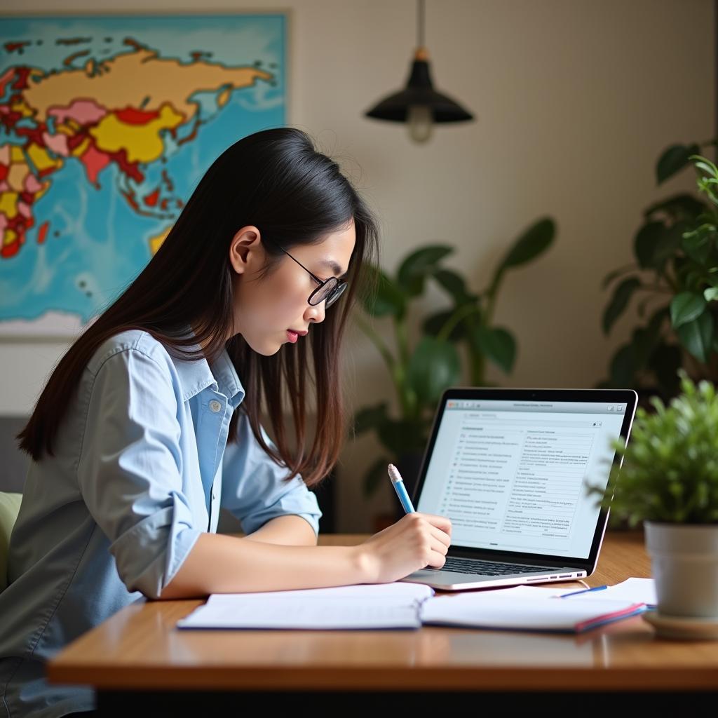 Học viên đang luyện viết IELTS với laptop và tài liệu ôn tập