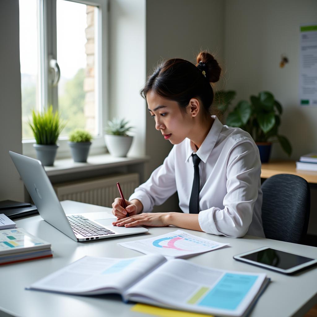 Học viên đang luyện viết IELTS đạt band điểm cao về chủ đề năng lượng tái tạo và ưu đãi tài chính của chính phủ