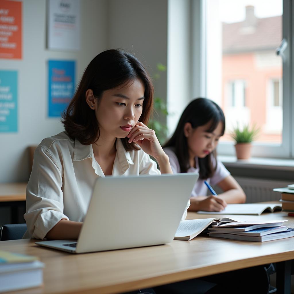 Học viên đang luyện viết IELTS Writing Task 2 về chủ đề kiến thức số và tham gia công dân