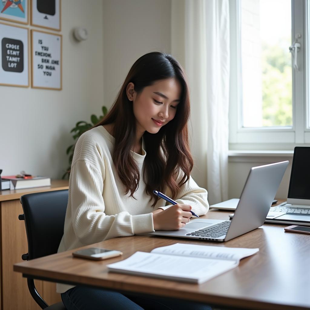 Học viên đang luyện viết IELTS Writing Task 2 về chủ đề công nghệ và tương tác con người