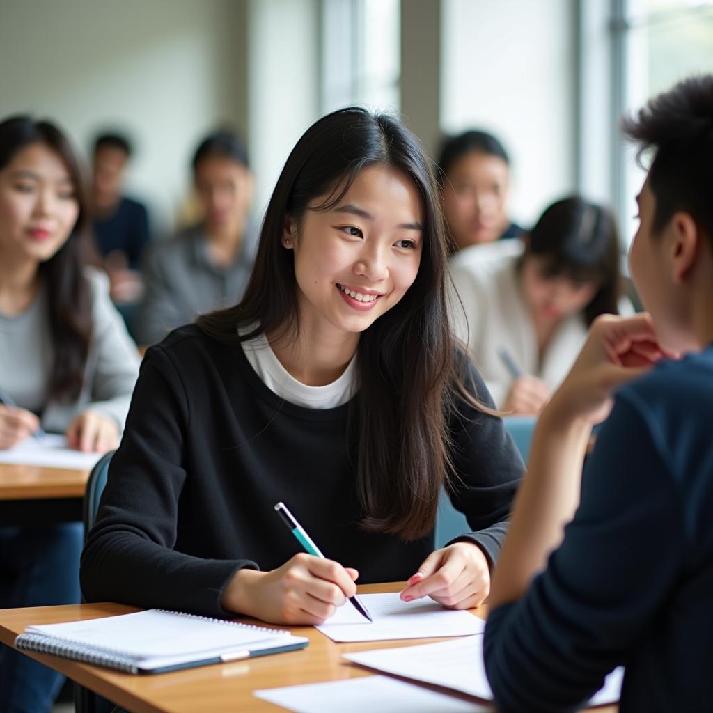 Học viên IELTS Speaking đang lắng nghe và ghi chú phản hồi từ giáo viên trong buổi luyện thi