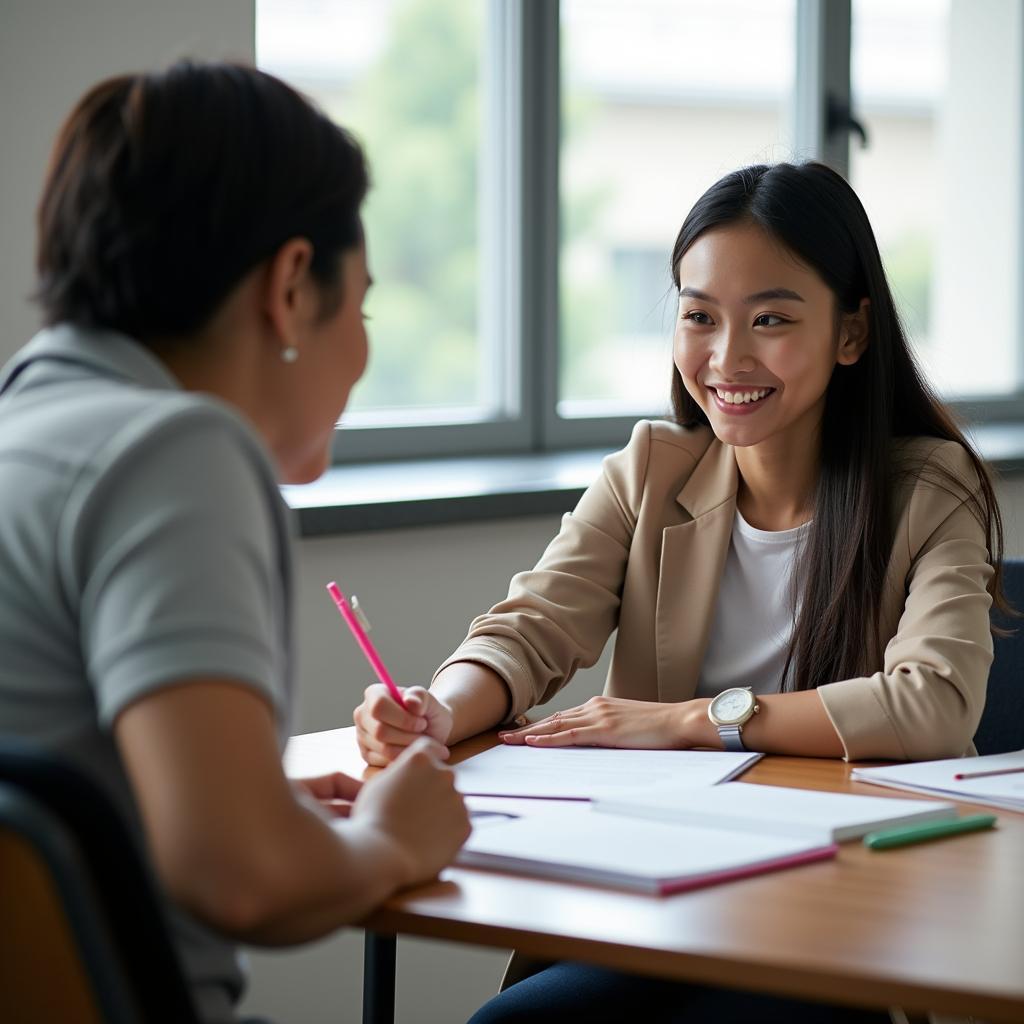 Học viên IELTS Speaking nhận phản hồi xây dựng từ giáo viên trong lớp học