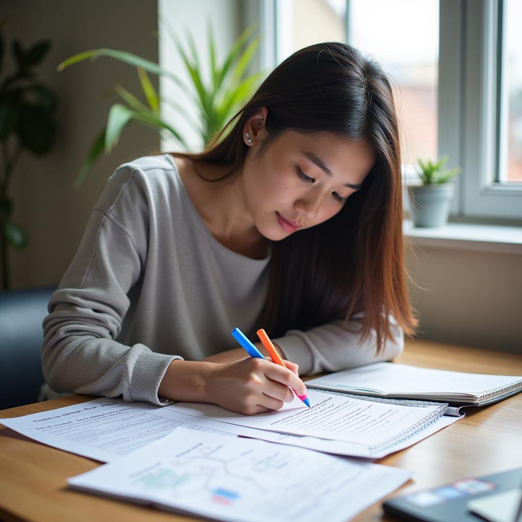 Học viên đang phân tích đề bài IELTS Writing Task 2 về digital literacy trên giấy với bút màu đánh dấu các từ khóa quan trọng